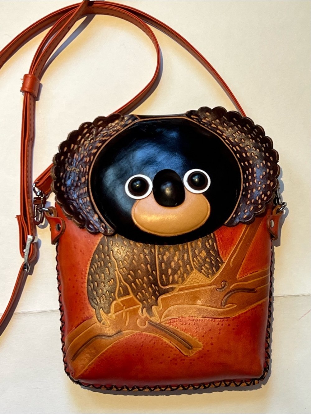 Handcrafted Leather Koala Crossbody Bag in Warm Tan & Black